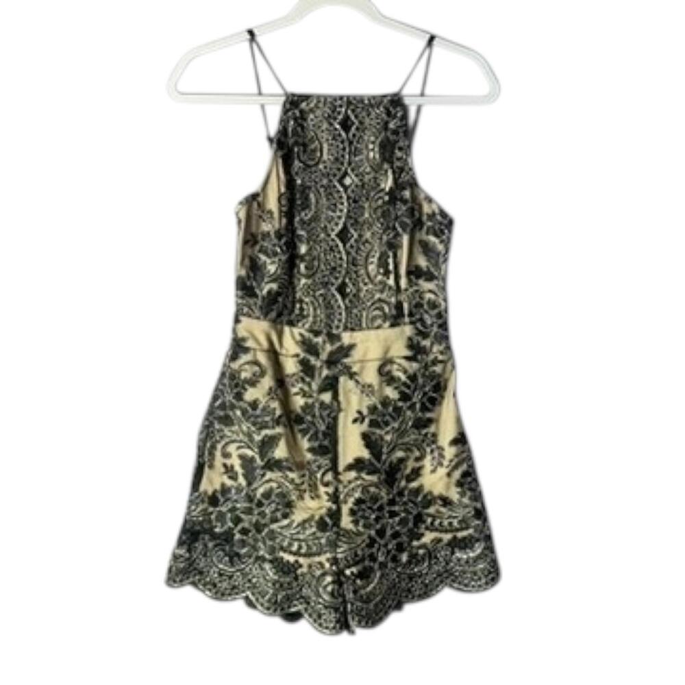 A'gaci Embroidered Lace Romper Beige Black Women's Size Small